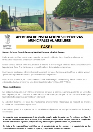 Apertura instalaciones deportivas municipales al aire libre durante la Fase I